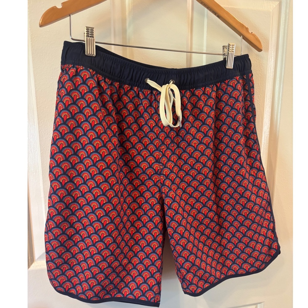 Fair Harbor Mens Swim Shorts Red Navy Geometric Fan Print Board Shorts Large